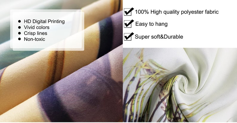 May include: Close-up of a soft, white fabric with a floral print. The fabric is 100% polyester and is described as high quality, easy to hang, and super soft and durable. The fabric is also printed with high definition digital printing, vivid colors, crisp lines, and is non-toxic.