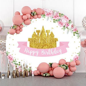 Round Gold Castle Photography Backdrop,Pink Flower Girl Princess Birthday Party Baby shower Circle Background Photo Studio,Custom backdrop