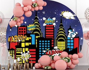 Round Superhero Theme Party Photography Backdrop,Boy&#39;s Happy Birthday Party Baby shower Circle Background photo Booth Studio,Custom backdrop