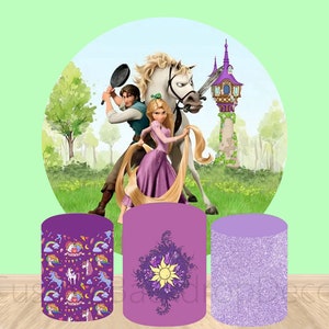 Princess Elastic Cylinder Cover Backdrop,Rapunzel Princess Round Backdrop,Girl Kids Happy Birthday Party Decor Round Background Photo Booth