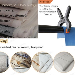 May include: A blue backdrop with the text "Art Fabric / Thin Vinyl" and a list of features: "Easy to carry; Not easy to be deformed; No reflection; Waterproof; Color bright; Saturation good. Thin-Vinyl not be washed, can be ironed, tearproof". The backdrop is attached to a black pipe with a clamp. The text "No Pocket" is at the top of the image. The text "Used the clamp to hung up on backdrop stand Large Size Can do Pocket, Contact Us." is below the clamp.