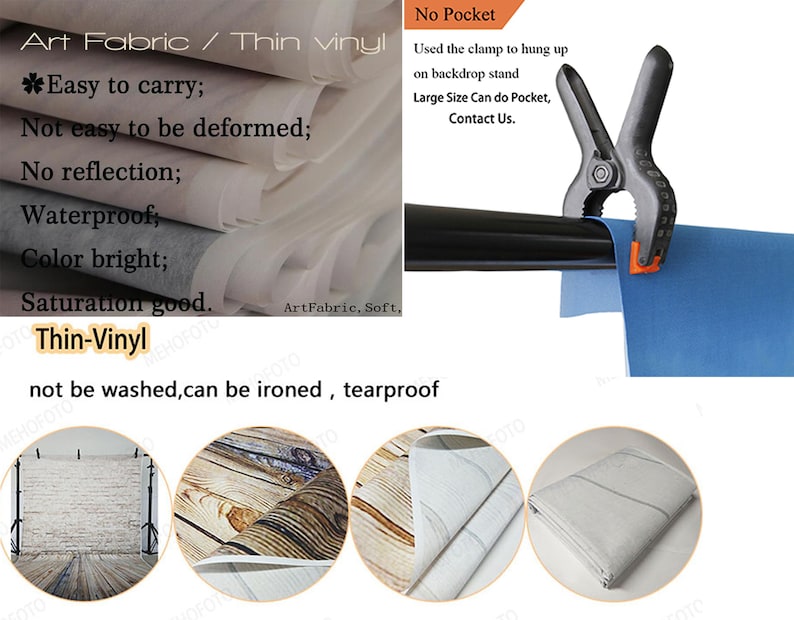 May include: A blue backdrop with the text "Art Fabric / Thin Vinyl" and a list of features: "Easy to carry; Not easy to be deformed; No reflection; Waterproof; Color bright; Saturation good. Thin-Vinyl not be washed, can be ironed, tearproof". The backdrop is attached to a black pipe with a clamp. The text "No Pocket" is at the top of the image. The text "Used the clamp to hung up on backdrop stand Large Size Can do Pocket, Contact Us." is below the clamp.