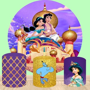 Aladdin Round Backdrop Banner Princess Jasmine Cylinder Cover Backdrop,Birthday Party Baby Shower Decor Round Background photo Booth Studio