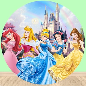 Cartoon Disney Princess Decor 3pcs Cylinder Cover Backdrop,Rainbow Castle Girl Birthday Party Baby Shower Decor Round Background photo Booth imagen 2