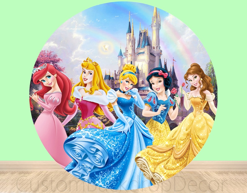 Cartoon Disney Princess Decor 3pcs Cylinder Cover Backdrop,Rainbow Castle Girl Birthday Party Baby Shower Decor Round Background photo Booth imagen 2