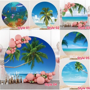 Round Summer Tropical Sea Beach Palms Tree Photography Backdrop,Natural Scenic Circle Background Photo Booth Studio,Custom backdrop banner