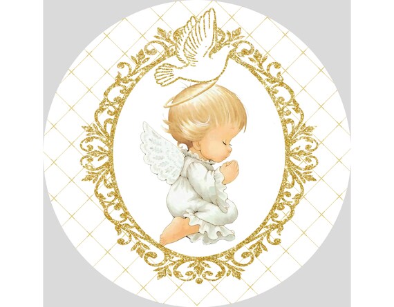 Round God Bless Baby Baptism Photography Backdrop,Pigeon Gold Angel Girl Boy Party Decor Circle Background Photo Studio Prop,Custom backdrop