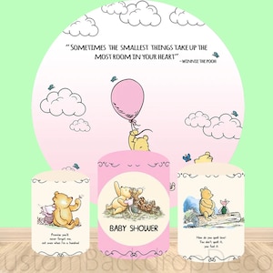 Cartoon Disney Custom Elastic Cylinder Cover Backdrop,Pink Winnie the Pooh Round Backdrop,Kids Birthday Party Decor Round Photo Background