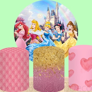 Cartoon Disney Princess Decor 3pcs Cylinder Cover Backdrop,Rainbow Castle Girl Birthday Party Baby Shower Decor Round Background photo Booth