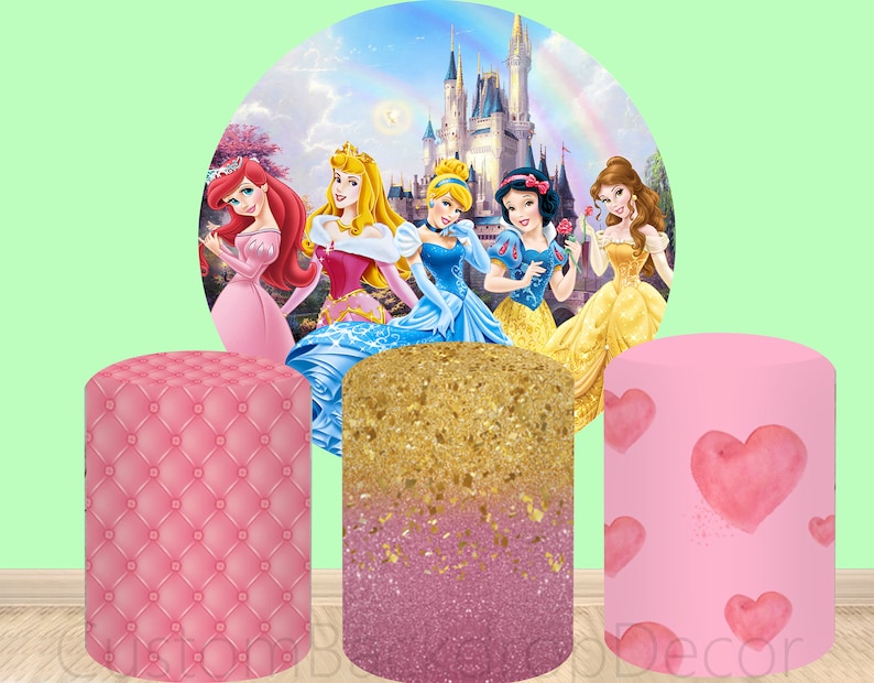 Cartoon Disney Princess Decor 3pcs Cylinder Cover Backdrop,Rainbow Castle Girl Birthday Party Baby Shower Decor Round Background photo Booth imagen 1