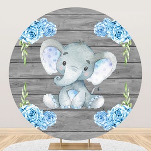 Sfondo fotografico rotondo con elefante floreale, sfondo circolare per festa di compleanno per bambini con elefante blu, sfondo personalizzato per pavimento in legno grigio