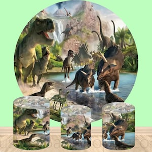 Dinosaur Party Round Photography Backdrop,Jurassic Dinosaur Elastic Cylinder Cover Backdrop,Kids Happy Birthday Party Decor Round Background