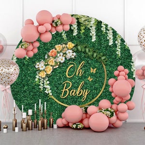 Oh Baby Birthday Green Leaves Round Photography Backdrop,Wedding Party Decor Baby shower Circle Background Photo Studio Prop,Custom backdrop