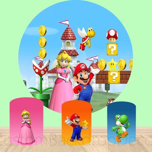 Peach Princess Elastic Cylinder Cover Backdrop,Cartoon Super Marios Bros Round Backdrop,Kids Birthday Party Decor Round Photo Background