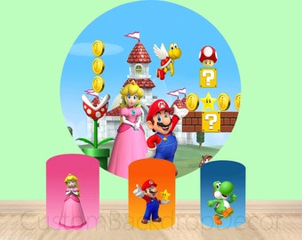Peach Princess Elastic Cylinder Cover Backdrop,Cartoon Super Marios Bros Round Backdrop,Kids Birthday Party Decor Round Photo Background