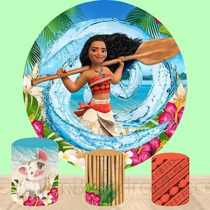 Cartoon Round Backdrop Baby Moana Princess Elastic Cylinder Cover Backdrop,Girls Birthday Party Decor Round Background Photo Booth Studio