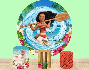Cartoon Round Backdrop Baby Moana Princess Elastic Cylinder Cover Backdrop,Girls Birthday Party Decor Round Background Photo Booth Studio