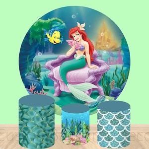 Mermaid Round Backdrop,Under Sea Elastic Cylinder Cover Backdrop,Girl Happy Birthday Party Decor Baby Shower Round Background Photo Booth