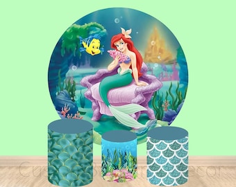 Mermaid Round Backdrop,Under Sea Elastic Cylinder Cover Backdrop,Girl Happy Birthday Party Decor Baby Shower Round Background Photo Booth