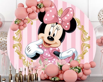Cartoon Disney Minnie Kids Birthday Party Decor Round Photography Backdrop,Mickey Mouse Baby Shower Circle Background Photo Booth Studio