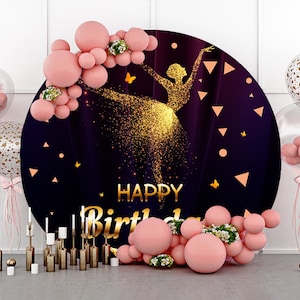 Gold Glitter Fairy Dance Ballerina Party Round Photography Backdrop,Pink Girls Birthday party Baby shower Circle Background Photo Studio