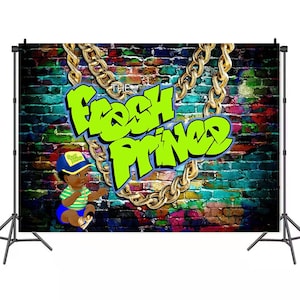 Fresh Prince Gold necklace Photography Backdrops,Royal Baby Vinyl Photo Booth Background,Graffiti Wall Retro 90s The Fresh Prince Backdrop