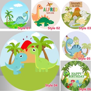 Ronde Groene Plant Leuke Cartoon Dinosaurus Fotografieachtergrond Dinosaurus Jongen Verjaardagsfeestje Babyshower Cirkel Achtergrond Photo Booth Studio