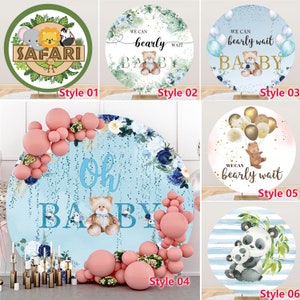 Sfondo fotografico personalizzato rotondo con orsetto dei cartoni animati per baby shower, possiamo aspettare con ansia che il ragazzo compleanni festa baby shower sfondo cerchio studio fotografico