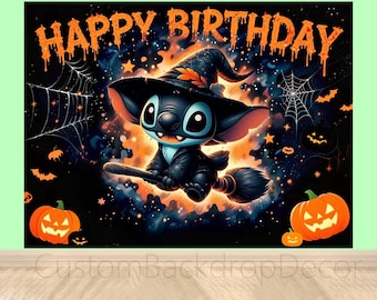 Halloween theme Disney Backdrop,Cartoon Stitch Party Photography Backdrop,Pumpkin p Happy Birthday Baby shower Decor photo booth Background