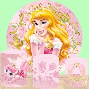 Floral Beauty Princess Aurora Decor Cylinder Cover Backdrop,Pink Carriage Girl Birthday Party Baby Shower Decor Round Background photo Booth