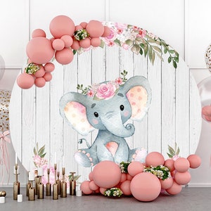 Elefante rosa flores redondo fotografia pano de fundo, menina elefante festa de aniversário chá de bebê círculo fundo, piso de madeira branco pano de fundo personalizado