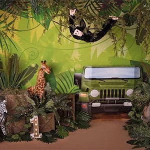 1st Birthday Safari Dschungel Tiere Kuchen Smash Dekor Fotografie Hintergrund Junge Kinder Geburtstag Party Hintergrund Tropische Pflanzen Vinyl Backdrop