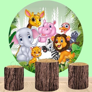 Round Safari Animals Wild One Photography Backdrop,Kids Birthday Party Baby Shower Circle Background Wood Cylinder Cover Elastic backdrop