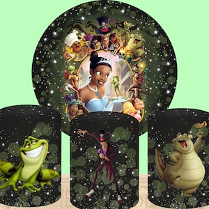 Cartoon Princess Party Decor 3pcs Cylinder Cover Backdrop,Cartoon Frog Girl Birthday Party Baby Shower Decor Round Background photo Booth