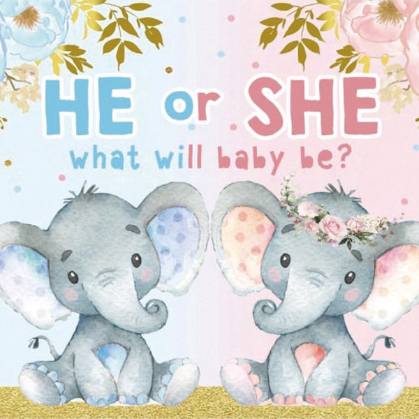 Cute Elephant Gender Reveal Baby Shower He or She Photography Backdrop,Boy or Girl Blue Pink Flowers Background Vinyl Photo Studio Banner