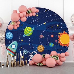 Toile de fond photographique ronde sur le thème de l'espace astronaute, fête d'anniversaire de garçon bébé douche cercle fond photomaton accessoires de studio, toile de fond personnalisée