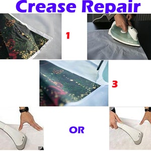May include: Instructions on how to remove creases from a printed backdrop. The steps involve placing a piece of fabric over the backdrop and ironing it with a steam iron. Alternatively, a handheld steamer can be used to remove creases.