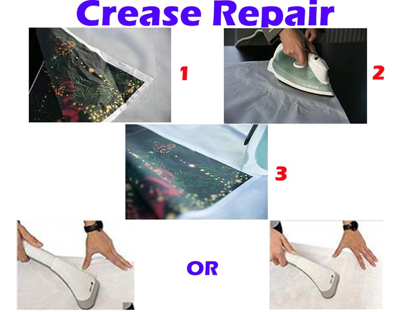 May include: Instructions on how to remove creases from a printed backdrop. The steps involve placing a piece of fabric over the backdrop and ironing it with a steam iron. Alternatively, a handheld steamer can be used to remove creases.