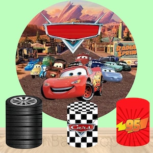 Car Elastic Cylinder Cover Backdrop,Macqueen Round Backdrop,Racing Car Cartoon Boy Birthday Party Decor Round Background photo Booth Studio