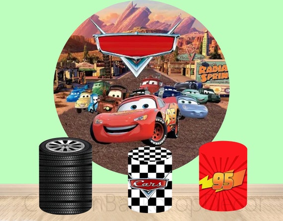 Car Elastic Cylinder Cover Backdrop,Macqueen Round Backdrop,Racing Car Cartoon Boy Birthday Party Decor Round Background photo Booth Studio