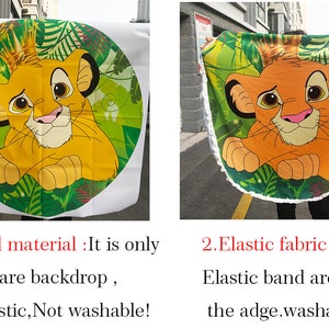 Op de afbeelding: Twee ronde achtergronden met een cartoon leeuwenwelp met een kroon. De achtergrond links is van vinyl en is niet wasbaar. De achtergrond rechts is van elastisch materiaal en is wasbaar.