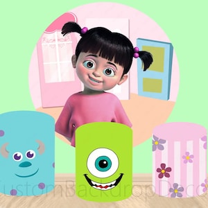 Pink Room Elastic Cylinder Cover Backdrop,Boo Monster Round Backdrop,Little Girl Kids 1st Birthday Party Decor Round Background photo Booth