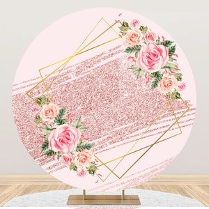 Pink Floral And Gold Glitter Round Baby Shower Backdrop