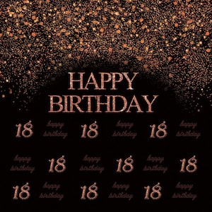 Sfondo fotografico per il 18° compleanno, sfondo in vinile per il compleanno di un bambino in oro rosa e bokeh nero, striscione personalizzato per la festa di compleanno, cabina fotografica