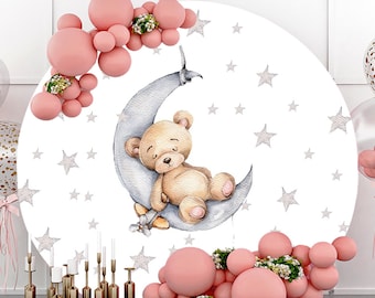 Moon Stars Cute Bear Party Round Photography Backdrop,Birthday party Baby shower Circle vinyl Polyester Background Photo Booth Studio Props