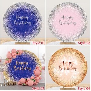 Banner de cumpleaños personalizado, círculo redondo, fondo, nombre personalizado, plateado, dorado, rosa, azul real, brillo, fotófono, fondo, fotomatón, estudio