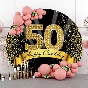 Round Customize 50th Birthday Photography Backdrop,Gold&Black Glitter Party Decor Circle Background Photo Booth Studio props,Custom backdrop