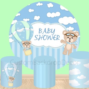 Round Hot Air Balloon Bear Photography Backdrop,Blue Sky White Clouds Boy Birthday Party Circle Background Cylinder Cover Elastic backdrop