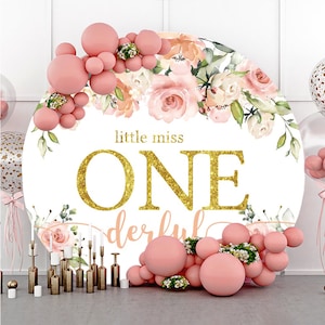 Round Pink Flower Photography Backdrop,Girl Party Baby Shower Little Miss Onederful Circle Background Photo Booth Studio,Custom backdrop