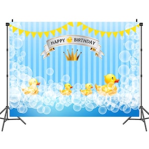 Blase niedliche kleine gelbe Ente alles Gute zum Geburtstag Fotografie Hintergrund, Jungen Blau Baby Shower Neugeborene 1st Birthday Themed Vinyl Hintergrund Banner